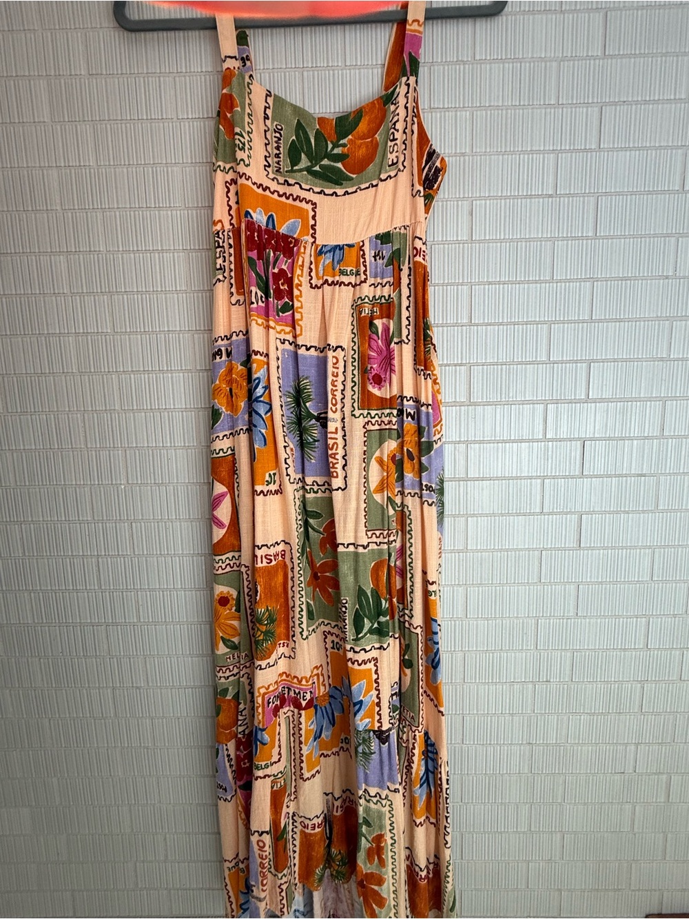 Peach Floral Stamp-Print Maxi Dress with Adjustable Straps
